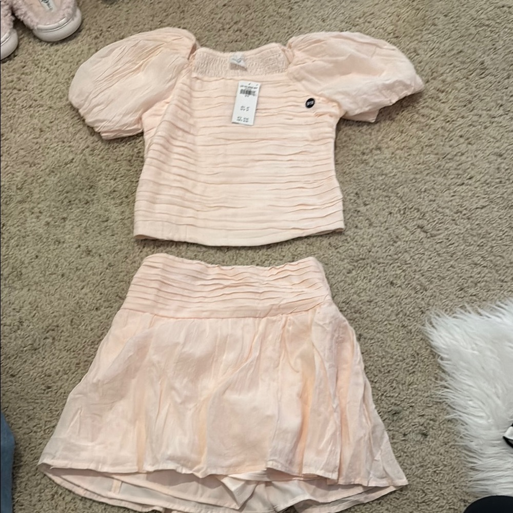 Pink Puff Sleeve Top and Skirt Set